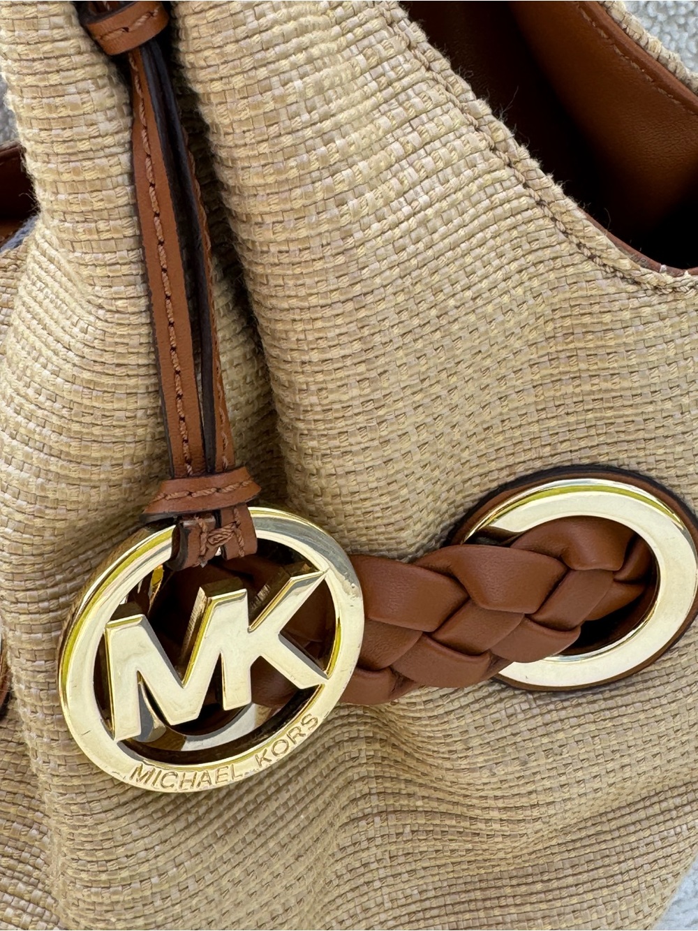 Michael Kors Large Woven Straw Hobo Bag Braided Leather Strap Grommet Tassel Nat - Picture 7 of 16